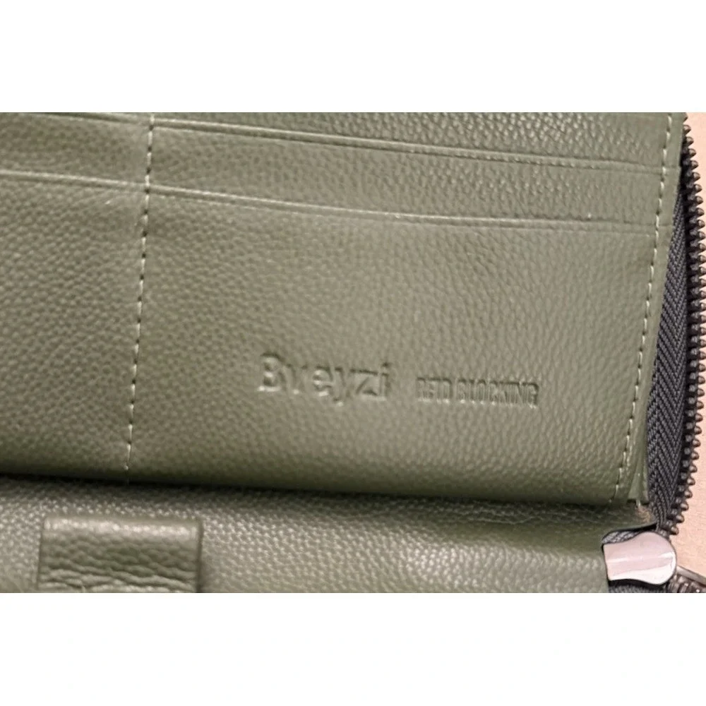 Bveyzi Leather Wallet CardHolder Ziparound Wristlet Green‎ RFID Blocking